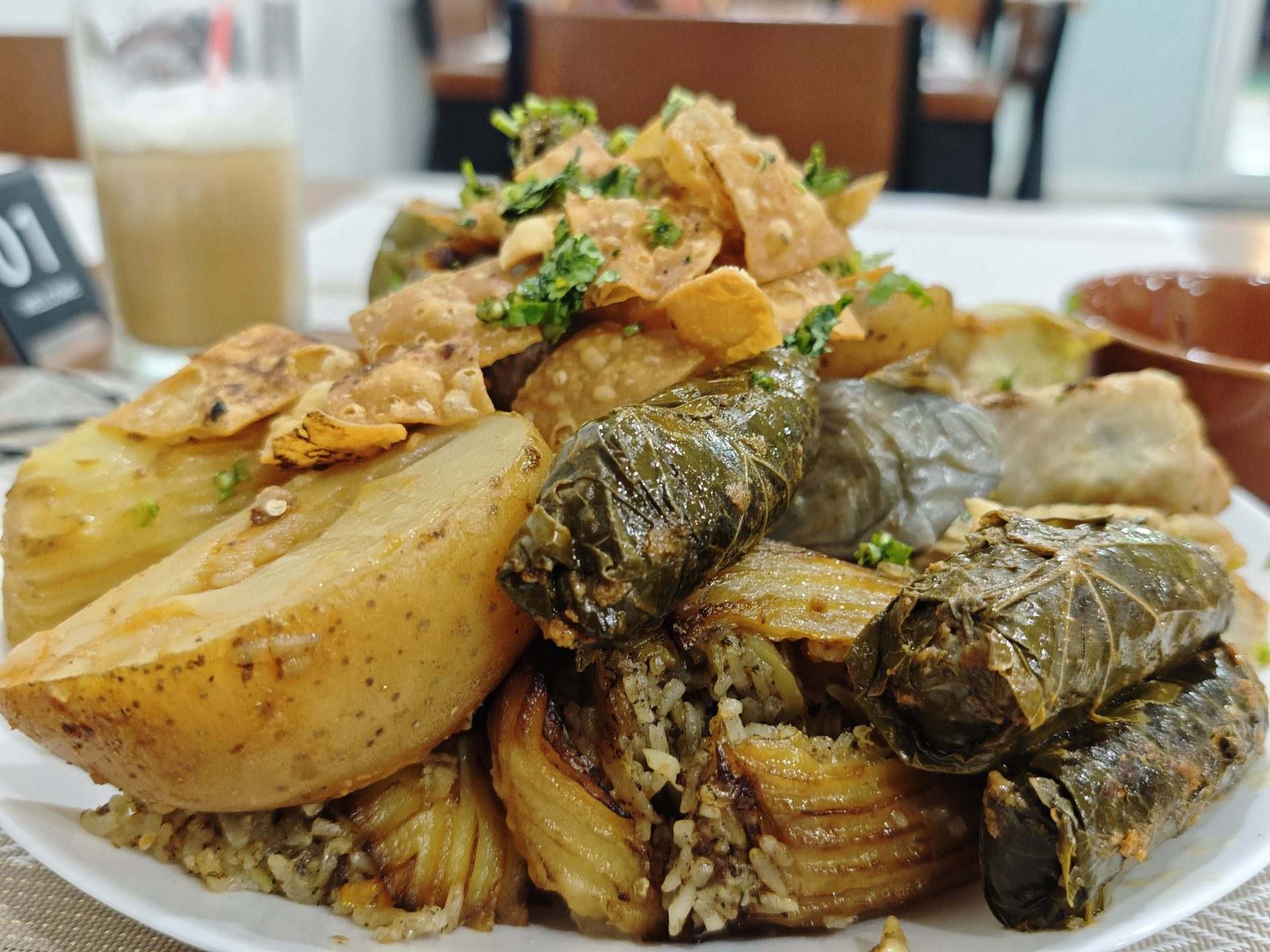 A sharing platter piled high with dolma and mahshi